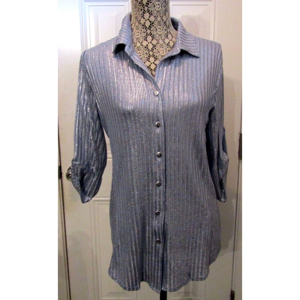 Pure Amici Blouse NWT Metallic Gunmetal Silver Button Front Top Womens Size M